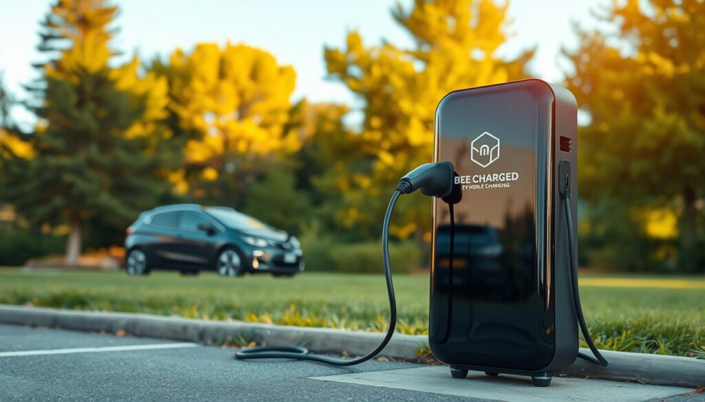 A sleek, portable electric vehicle (EV) charging station stands prominently in the foreground, its glossy black exterior and bold "BEE CHARGED EV MOBILE CHARGING" branding catching the eye. In the middle ground, an EV is plugged into the charger, the charging cable snaking across the ground. The background features a lush, verdant landscape, with towering trees and a clear blue sky, conveying a sense of sustainability and eco-friendliness. The scene is illuminated by warm, natural lighting, casting a soft glow over the entire composition. The overall mood is one of convenience, innovation, and environmental responsibility, effectively showcasing the advantages of portable EV charging.