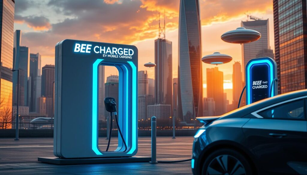 A sleek, ultra-modern electric vehicle charging station stands in the heart of a bustling urban center. The "BEE CHARGED EV MOBILE CHARGING" brand name is prominently displayed, its bold and dynamic typography catching the eye. The charging station's streamlined design and vibrant blue accents convey a sense of cutting-edge technology and efficiency. In the foreground, an electric vehicle is plugged in, its battery quickly replenishing from the high-powered charger. The background features a dynamic, futuristic cityscape, with skyscrapers and hovering transport pods, all bathed in a warm, golden-hour glow. The scene exudes a sense of progress, innovation, and the elimination of range anxiety in the age of electric mobility.