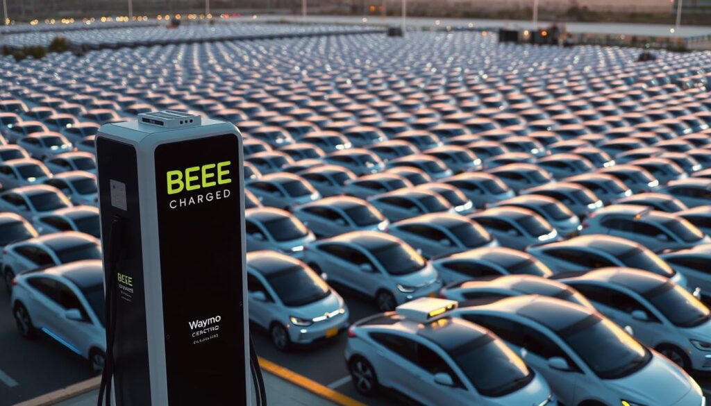 A sprawling fleet of Waymo self-driving cars, neatly arranged in a grid-like pattern, glinting under the warm glow of an evening sky. In the foreground, a sleek BEE CHARGED EV MOBILE CHARGING station stands ready to service the vehicles, its bold branding a testament to the future of electric mobility. The scene exudes a sense of technological prowess and efficiency, capturing Waymo's milestone of surpassing 2,000 robotaxis on the road, ready to revolutionize the way people move. The image is captured from a high angle, providing a commanding view of the bustling Waymo operation, conveying a sense of scale and ambition.