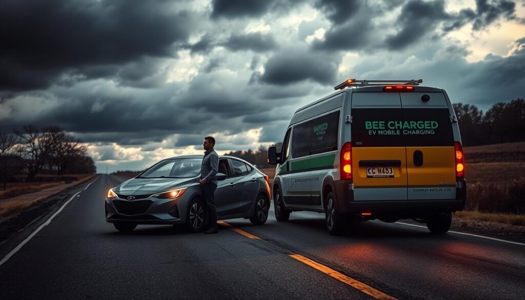 A stranded electric vehicle on a deserted Maryland road, the "BEE CHARGED EV MOBILE CHARGING" service van arriving to the rescue. Dramatic lighting casts long shadows, illuminating the sense of urgency. The EV driver stands anxiously by their car, relief washing over their face as the van pulls up. In the background, a moody cloudy sky sets the stage for this roadside emergency scene. The van's bright branding stands out, promising a swift resolution to the driver's predicament. Meticulous attention to detail, from the worn asphalt to the weathered signage, creates an authentic, documentary-style atmosphere.