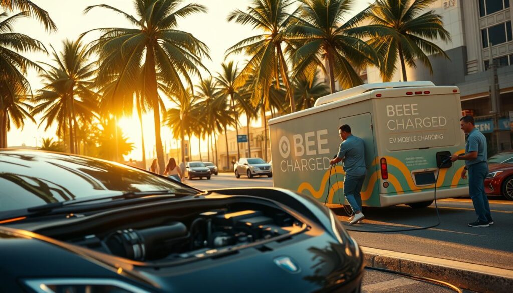 A sun-drenched Miami street, palm trees swaying, as a sleek electric vehicle sits stranded, its battery depleted. In the foreground, the engine hood is open, revealing the intricate workings of the power system. Nearby, a "BEE CHARGED EV MOBILE CHARGING" van arrives, its vibrant branding catching the eye. Technicians spring into action, connecting cables to the vehicle, their expressions focused as they work to revive the battery. The surrounding atmosphere is one of urban bustle, with pedestrians and other vehicles in the background, creating a sense of immediacy and the need for swift assistance. The lighting is warm and golden, casting an almost cinematic glow over the scene, drawing the viewer's attention to the critical moment of battery revival.