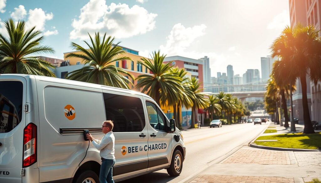 A sunny urban street in Tampa, FL, with a BEE CHARGED EV MOBILE CHARGING van parked on the curb. The van has a sleek, modern design with the company's logo prominently displayed. In the foreground, a person is interacting with a touchscreen interface on the van, presumably booking a mobile charging session. The middle ground features lush palm trees and colorful buildings, creating a vibrant, tropical atmosphere. The background showcases the iconic skyline of Tampa, with the bay and bridges in the distance. The lighting is warm and inviting, casting soft shadows and highlighting the details of the scene. The composition is balanced, drawing the viewer's eye to the central action of booking the mobile EV charging service.