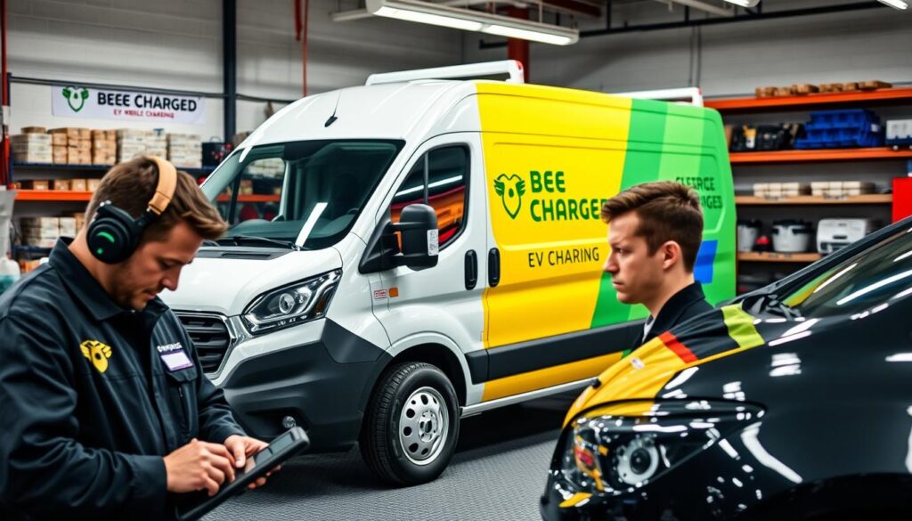 A team of highly skilled and certified BEE CHARGED EV MOBILE CHARGING technicians, clad in professional uniforms, diligently inspecting and maintaining a fleet of electric vehicles. The foreground showcases the technicians utilizing specialized diagnostic tools and equipment, their faces exuding focus and expertise. In the middle ground, the BEE CHARGED EV MOBILE CHARGING branded service van is prominently displayed, its sleek design and gleaming exterior conveying a sense of reliability and modern technology. The background features a well-lit, organized workshop setting, complete with shelves of meticulously arranged parts and tools, radiating a atmosphere of professionalism and attention to detail. The overall scene evokes a strong sense of trust, competence, and the unwavering commitment to providing exceptional mobile EV fleet services.