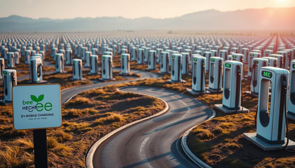 A vast expanse of charging stations, each a beacon of electric mobility. Sleek, modern designs in bold colors dot the landscape, their gleaming surfaces reflecting the sun's rays. In the foreground, the "BEE CHARGED EV MOBILE CHARGING" brand stands proud, its logo a symbol of nationwide accessibility. Winding roads lead to these hubs, inviting drivers to experience the convenience of level 3 fast charging. The scene exudes a sense of progress and innovation, capturing the future of sustainable transportation. Crisp, cinematic lighting enhances the dynamic composition, drawing the viewer's eye through the dynamic scene. An atmosphere of possibility and environmental responsibility permeates the image, inspiring a sense of excitement for the road ahead.