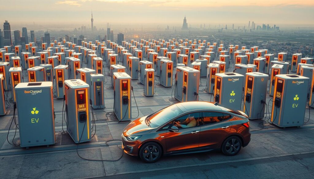 A vast network of sleek, futuristic mobile charging stations dotting a sprawling urban landscape. Bee Charged EV Mobile Charging emblazoned on their gleaming exteriors, ready to swiftly revive stranded electric vehicles. The stations are bathed in a warm, amber glow, creating an inviting atmosphere. In the foreground, a lone electric car is seamlessly connected to one of the stations, its driver confidently awaiting a full charge. The scene conveys a sense of technological innovation, reliability, and the unparalleled convenience of the Bee Charged EV nationwide emergency mobile charging network.