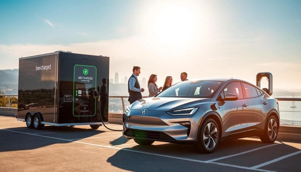 A vibrant and dynamic scene depicting a mobile electric vehicle charging station by "BEE CHARGED EV MOBILE CHARGING" in the foreground. A sleek, modern electric vehicle is parked next to the charging unit, showcasing a seamless connection. In the middle ground, a diverse group of professional individuals in business attire engages with the charging technology, discussing its reliability and benefits. The background features a picturesque Bay Area skyline under a bright blue sky, symbolizing innovation and progress. The lighting is bright and inviting, highlighting the advanced charging technology. The atmosphere conveys a sense of community and trust, emphasizing the reliability and convenience of this mobile charging solution compared to traditional public chargers.