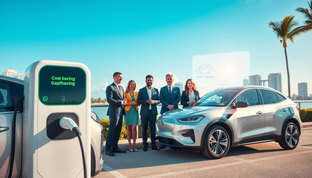A vibrant and informative scene depicting the benefits of an EV mobile charging membership, specifically featuring the brand "BEE CHARGED EV MOBILE CHARGING." In the foreground, a sleek electric vehicle is parked beside a modern charging station, with a charging cable neatly connecting to it. In the middle ground, a diverse group of professionals in business attire stands confidently, discussing the advantages of the membership, such as cost-saving graphics or icons shown on holographic displays. The background features a picturesque Miami skyline, with clear blue skies and palm trees, conveying a welcoming and energetic atmosphere. Soft, natural lighting enhances the scene, with a slight lens flare to highlight the innovative technology. Overall, the mood is optimistic and forward-thinking, capturing the excitement of sustainable energy solutions. A vibrant and informative scene depicting the benefits of an EV mobile charging membership, specifically featuring the brand "BEE CHARGED EV MOBILE CHARGING." In the foreground, a sleek electric vehicle is parked beside a modern charging station, with a charging cable neatly connecting to it. In the middle ground, a diverse group of professionals in business attire stands confidently, discussing the advantages of the membership, such as cost-saving graphics or icons shown on holographic displays. The background features a picturesque Miami skyline, with clear blue skies and palm trees, conveying a welcoming and energetic atmosphere. Soft, natural lighting enhances the scene, with a slight lens flare to highlight the innovative technology. Overall, the mood is optimistic and forward-thinking, capturing the excitement of sustainable energy solutions.