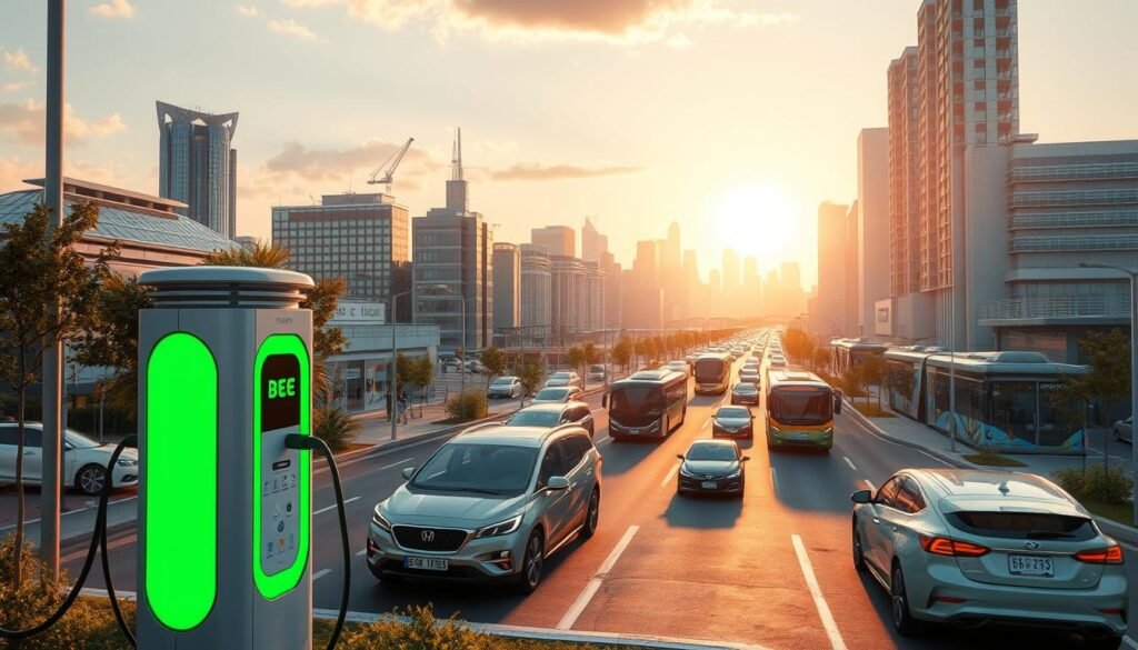 A vibrant, futuristic cityscape showcasing the seamless integration of sustainable transportation and green energy initiatives. In the foreground, the BEE CHARGED EV MOBILE CHARGING station stands as a beacon of clean mobility, its sleek design and glowing LED accents inviting passersby to power up their electric vehicles. In the middle ground, a fleet of eco-friendly cars and buses navigates the bustling streets, their smooth, silent operation a testament to the city's commitment to reducing emissions. In the background, a skyline of modern, energy-efficient buildings is bathed in the warm glow of solar panels, harnessing the power of the sun to power the community. The scene is bathed in a soft, natural light, creating a sense of harmony and progress that captivates the viewer.