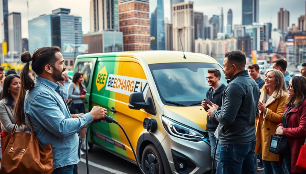 A vibrant, high-energy scene of customers interacting with the "BEE CHARGED EV MOBILE CHARGING" service. In the foreground, a friendly attendant assists a customer with their electric vehicle, seamlessly connecting the charging cable and explaining the process. Surrounding them, a diverse group of people eagerly wait their turn, expressing a mix of relief and excitement at the convenience of the mobile charging service. The middle ground showcases the state-of-the-art "BEE CHARGED EV" van, its sleek design and prominent branding capturing the attention. In the background, a bustling cityscape provides a dynamic backdrop, emphasizing the widespread accessibility and impact of this innovative mobile charging solution. Vibrant colors, dynamic lighting, and a sense of effortless efficiency convey the overall customer experience and satisfaction.