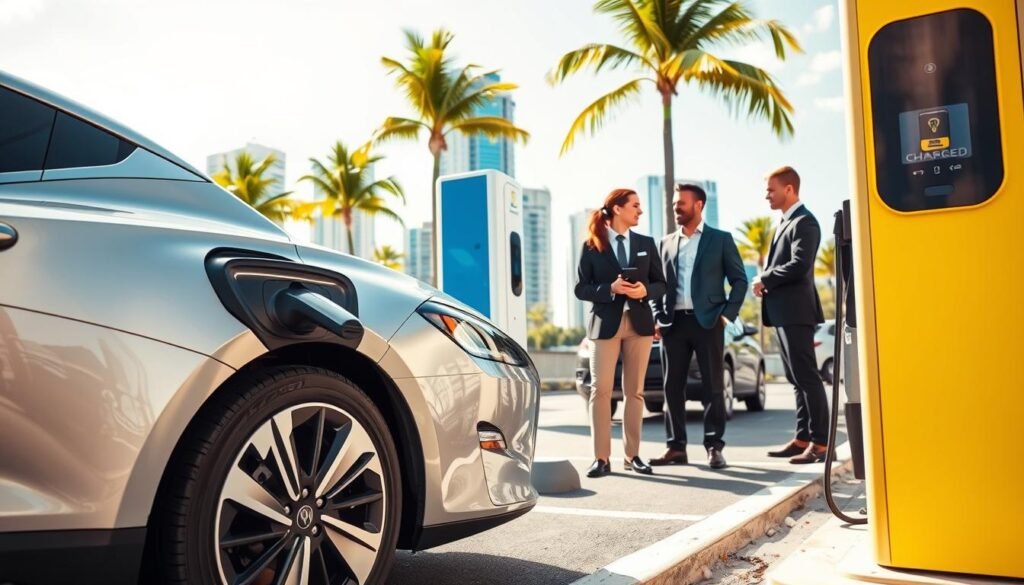 A vibrant scene depicting a mobile electric vehicle (EV) charging service named "BEE CHARGED EV MOBILE CHARGING" in Fort Lauderdale. In the foreground, a sleek, modern electric vehicle is plugged into a mobile charging unit, showcasing an energy-efficient design. The middle ground features a professional team, wearing business attire, actively assisting customers with charging and towing solutions, exuding a sense of expertise and reliability. In the background, the sunny Fort Lauderdale skyline complements the bustling atmosphere, with palm trees swaying gently in the breeze. The image is brightly lit, capturing a warm, inviting mood, and shot from a low angle to emphasize the service's accessibility and professionalism, ensuring clear focus on the interaction between staff and customers.