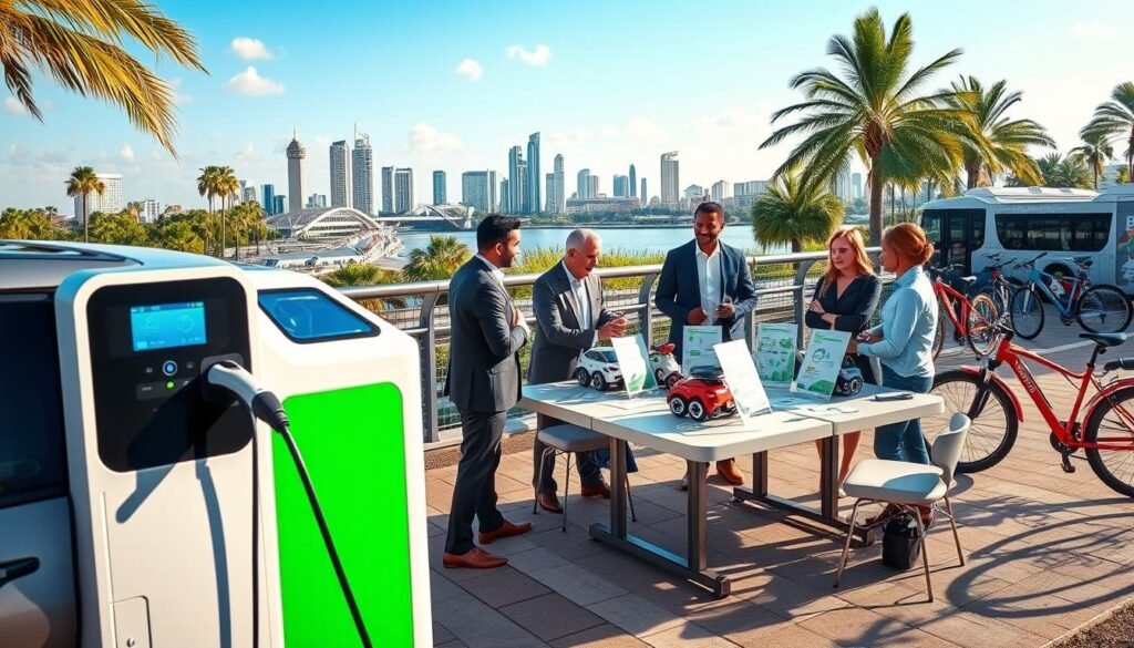 A vibrant scene depicting sustainable transportation partnerships in Broward County, highlighting the innovative mobile EV charging solutions by BEE CHARGED EV MOBILE CHARGING. In the foreground, a sleek, modern mobile EV charging unit is actively charging an electric vehicle, showcasing its user-friendly interface. In the middle ground, a diverse group of professionals in business attire discuss and strategize around a table filled with electric vehicle models and sustainability charts, emphasizing collaboration. The background features a scenic view of Broward County's landmarks, interspersed with bicycles and electric public transport vehicles, under clear blue skies and soft afternoon sunlight. The scene conveys a sense of progress and unity towards sustainable transportation solutions, with an optimistic and forward-looking atmosphere. A vibrant scene depicting sustainable transportation partnerships in Broward County, highlighting the innovative mobile EV charging solutions by BEE CHARGED EV MOBILE CHARGING. In the foreground, a sleek, modern mobile EV charging unit is actively charging an electric vehicle, showcasing its user-friendly interface. In the middle ground, a diverse group of professionals in business attire discuss and strategize around a table filled with electric vehicle models and sustainability charts, emphasizing collaboration. The background features a scenic view of Broward County's landmarks, interspersed with bicycles and electric public transport vehicles, under clear blue skies and soft afternoon sunlight. The scene conveys a sense of progress and unity towards sustainable transportation solutions, with an optimistic and forward-looking atmosphere.