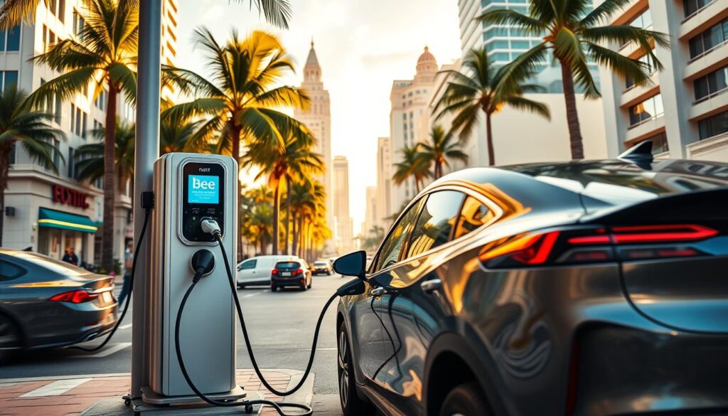 A vibrant scene of a BEE CHARGED EV MOBILE CHARGING unit stationed on a bustling Miami street. In the foreground, the sleek and modern electric vehicle is plugged into the mobile charging station, its illuminated display panel catching the eye. The middle ground features the iconic palm trees and Art Deco architecture that define the Miami skyline, bathed in warm, golden sunlight. In the background, a blur of traffic and pedestrians suggests the dynamic, fast-paced energy of the city. The image conveys a sense of convenience, sustainability, and the city's commitment to supporting the growing EV market.