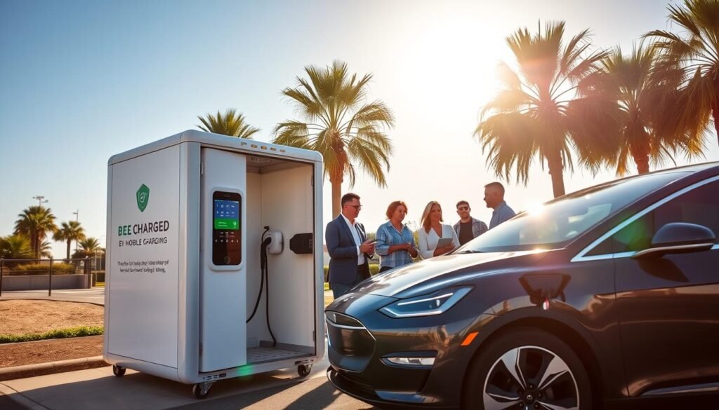 A vibrant scene showcasing a mobile electric vehicle charging unit prominently featuring the brand "BEE CHARGED EV MOBILE CHARGING." In the foreground, a sleek, modern electric vehicle is parked beside the charging unit, with a professional in business attire examining the charging options. The middle ground includes a small group of diverse individuals, casually discussing the benefits of mobile charging, with palm trees typical of Orange County in the background, set against a bright blue sky. The atmosphere is energetic and optimistic, highlighting the increasing adoption of electric vehicles. Sunlight filters through the trees, giving a warm glow to the scene, shot from a slightly elevated angle to emphasize the interaction and location.