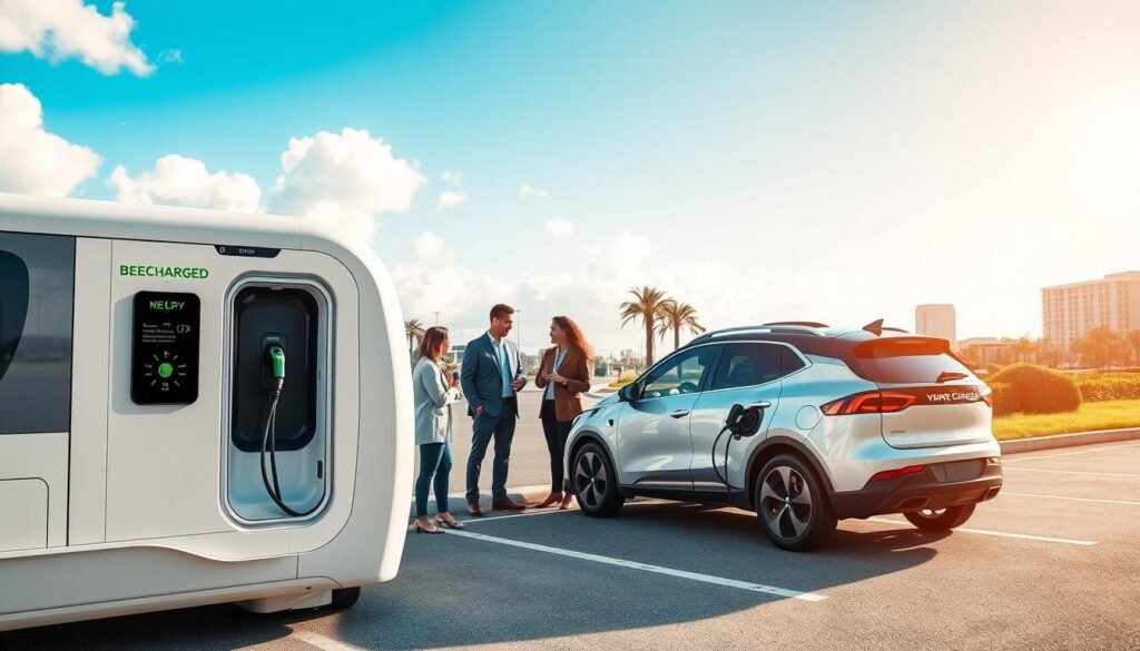 A vibrant scene showcasing innovative mobile EV charging technology under a bright blue sky. In the foreground, a sleek, futuristic charging van branded with “BEE CHARGED EV MOBILE CHARGING” is parked beside an electric vehicle. The van features smooth lines, high-tech charging ports, and LED lights indicating full functionality. In the middle ground, a diverse group of professionals in business attire are examining the charging equipment, demonstrating collaborative engagement with the technology. In the background, a scenic view of Broward County with palm trees and modern buildings evokes a sense of innovation and progress. The lighting is bright and inviting, emphasizing a sense of optimism and sustainability. Capture this full-angle scene with a wide lens to provide a comprehensive view of the evolving landscape of mobile EV charging solutions. A vibrant scene showcasing innovative mobile EV charging technology under a bright blue sky. In the foreground, a sleek, futuristic charging van branded with “BEE CHARGED EV MOBILE CHARGING” is parked beside an electric vehicle. The van features smooth lines, high-tech charging ports, and LED lights indicating full functionality. In the middle ground, a diverse group of professionals in business attire are examining the charging equipment, demonstrating collaborative engagement with the technology. In the background, a scenic view of Broward County with palm trees and modern buildings evokes a sense of innovation and progress. The lighting is bright and inviting, emphasizing a sense of optimism and sustainability. Capture this full-angle scene with a wide lens to provide a comprehensive view of the evolving landscape of mobile EV charging solutions.