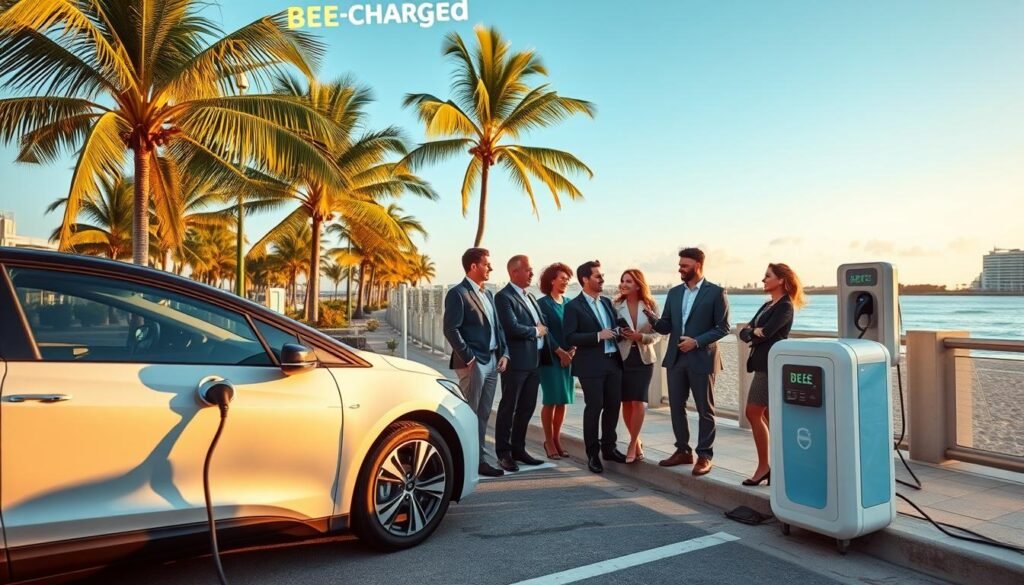 A vibrant scene showcasing the benefits of the "BEE CHARGED EV MOBILE CHARGING" membership for new EV drivers in Fort Lauderdale. In the foreground, an EV vehicle parked at a scenic beachside location, with a stylish mobile charging unit connected to it. In the middle, a professional, diverse group of new EV drivers in business attire, engaging excitedly, discussing the advantages of the membership, including convenience, cost-effectiveness, and personalized service. The background features palm trees, a clear blue sky, and the iconic Fort Lauderdale waterfront, emphasizing a sunny, optimistic atmosphere. Soft golden lighting captures the lively ambiance, making the scene feel welcoming and engaging, highlighting community and innovation in electric vehicle charging. A vibrant scene showcasing the benefits of the "BEE CHARGED EV MOBILE CHARGING" membership for new EV drivers in Fort Lauderdale. In the foreground, an EV vehicle parked at a scenic beachside location, with a stylish mobile charging unit connected to it. In the middle, a professional, diverse group of new EV drivers in business attire, engaging excitedly, discussing the advantages of the membership, including convenience, cost-effectiveness, and personalized service. The background features palm trees, a clear blue sky, and the iconic Fort Lauderdale waterfront, emphasizing a sunny, optimistic atmosphere. Soft golden lighting captures the lively ambiance, making the scene feel welcoming and engaging, highlighting community and innovation in electric vehicle charging.
