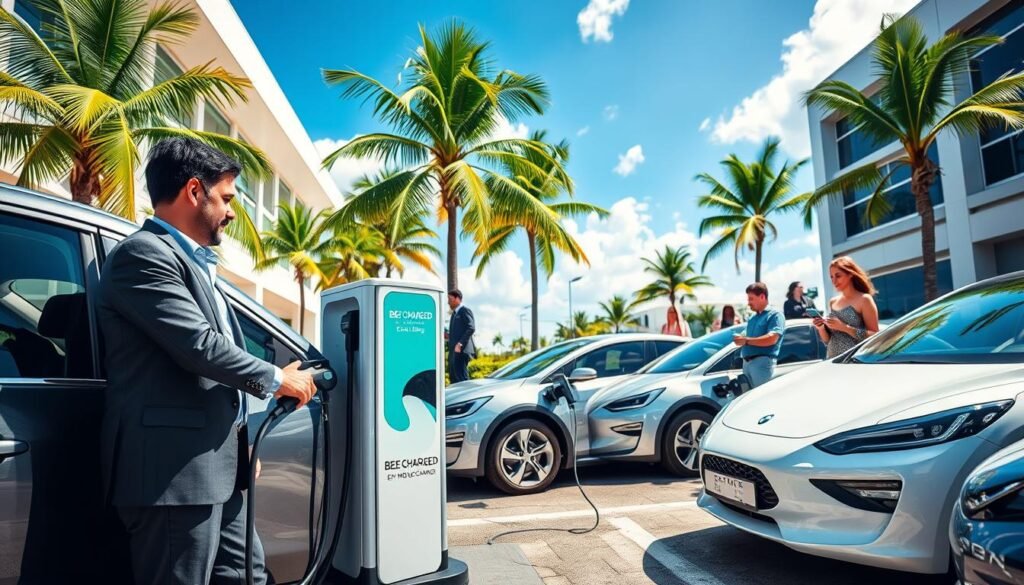 A vibrant scene showcasing the direct benefits of mobile EV charging in sunny South Florida. In the foreground, a professional driver in smart casual attire confidently connects a sleek electric vehicle to a mobile charging unit branded "BEE CHARGED EV MOBILE CHARGING." The middle ground features a modern urban setting with palm trees and a bright blue sky, emphasizing a warm, inviting atmosphere. In the background, electric cars are parked and charging while happy people engage with their devices, illustrating convenience and accessibility. The lighting is bright and cheerful, highlighting the innovation of mobile charging technology with a sense of energy and progress. Capture the essence of sustainable transportation and community forward-thinking. A vibrant scene showcasing the direct benefits of mobile EV charging in sunny South Florida. In the foreground, a professional driver in smart casual attire confidently connects a sleek electric vehicle to a mobile charging unit branded "BEE CHARGED EV MOBILE CHARGING." The middle ground features a modern urban setting with palm trees and a bright blue sky, emphasizing a warm, inviting atmosphere. In the background, electric cars are parked and charging while happy people engage with their devices, illustrating convenience and accessibility. The lighting is bright and cheerful, highlighting the innovation of mobile charging technology with a sense of energy and progress. Capture the essence of sustainable transportation and community forward-thinking.
