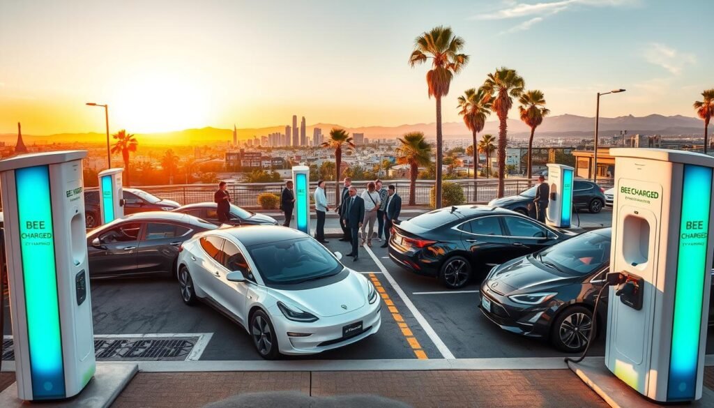 A vibrant urban landscape depicting the diverse electric vehicle (EV) charging stations across Orange County, California. In the foreground, showcase several modern charging stations, branded with "BEE CHARGED EV MOBILE CHARGING", accommodating different electric vehicle models, some sleek and futuristic. The middle ground features a bustling scene of EV owners interacting with their vehicles, clad in professional attire, highlighting a sense of community and trust. The background should capture a panoramic view of the distinct Californian skyline, with palm trees and subtle hints of coastal mountains. Incorporate a warm sunset, casting a golden hue over the scene, creating an inviting, optimistic atmosphere. Use a wide-angle lens perspective to broaden the view while maintaining crisp details, capturing the essence of Orange County's dynamic charging landscape.