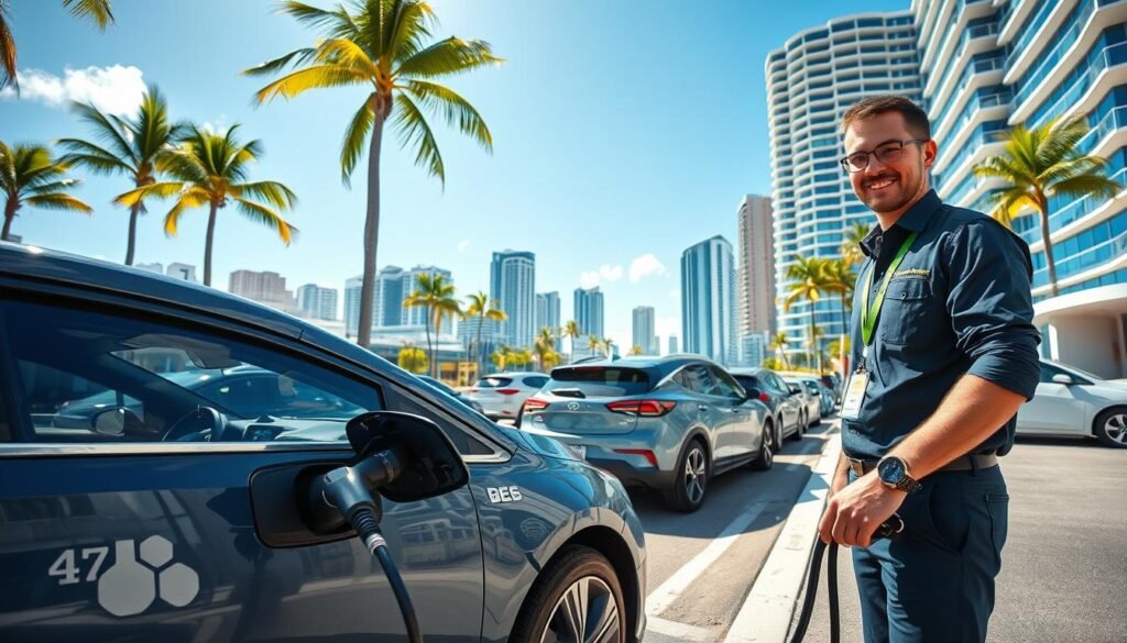 A vibrant urban scene depicting the benefits of mobile charging services for electric vehicle (EV) owners. In the foreground, an EV is being charged by a friendly technician from BEE CHARGED EV MOBILE CHARGING, who is wearing professional attire. In the middle ground, multiple EVs are parked near popular Miami-Dade and Broward locations, highlighting the accessibility of mobile charging services. The background showcases a cityscape with palm trees, modern buildings, and clear blue skies, illustrating the sunny, inviting atmosphere of South Florida. The lighting is bright and cheerful, emphasizing a positive, eco-friendly vibe. Use a wide-angle lens to capture the bustling energy of the city while keeping the focus on the interactions between people and vehicles.