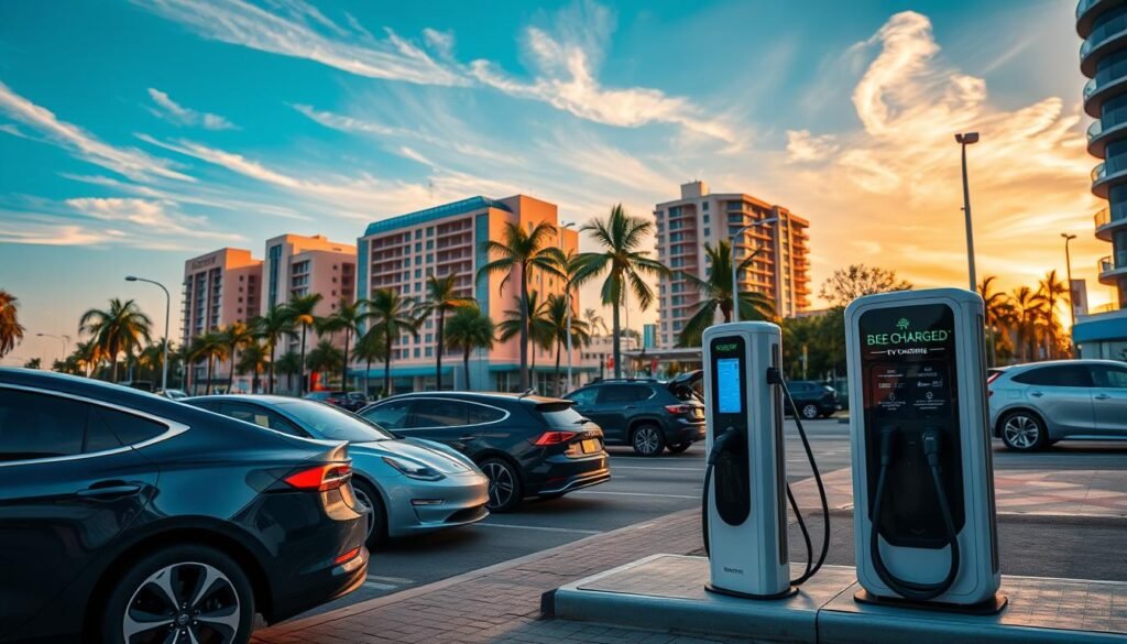 A vibrant urban scene showcasing fast EV chargers and level charging stations, featuring sleek, modern designs. In the foreground, several electric vehicles are parked beside high-tech charging stations with glowing interfaces, emphasizing the speed of charging. The middle ground reveals a bustling Miami street with palm trees and stylish buildings, reflecting the city's lively atmosphere. Soft, golden hour lighting casts a warm glow over the scene, enhancing the inviting mood. In the background, a clear blue sky punctuated by wispy clouds adds depth. Prominently displayed is the brand name "BEE CHARGED EV MOBILE CHARGING" on one of the chargers. The image should exude a sense of reliability, convenience, and innovation in electric vehicle infrastructure. A vibrant urban scene showcasing fast EV chargers and level charging stations, featuring sleek, modern designs. In the foreground, several electric vehicles are parked beside high-tech charging stations with glowing interfaces, emphasizing the speed of charging. The middle ground reveals a bustling Miami street with palm trees and stylish buildings, reflecting the city's lively atmosphere. Soft, golden hour lighting casts a warm glow over the scene, enhancing the inviting mood. In the background, a clear blue sky punctuated by wispy clouds adds depth. Prominently displayed is the brand name "BEE CHARGED EV MOBILE CHARGING" on one of the chargers. The image should exude a sense of reliability, convenience, and innovation in electric vehicle infrastructure.