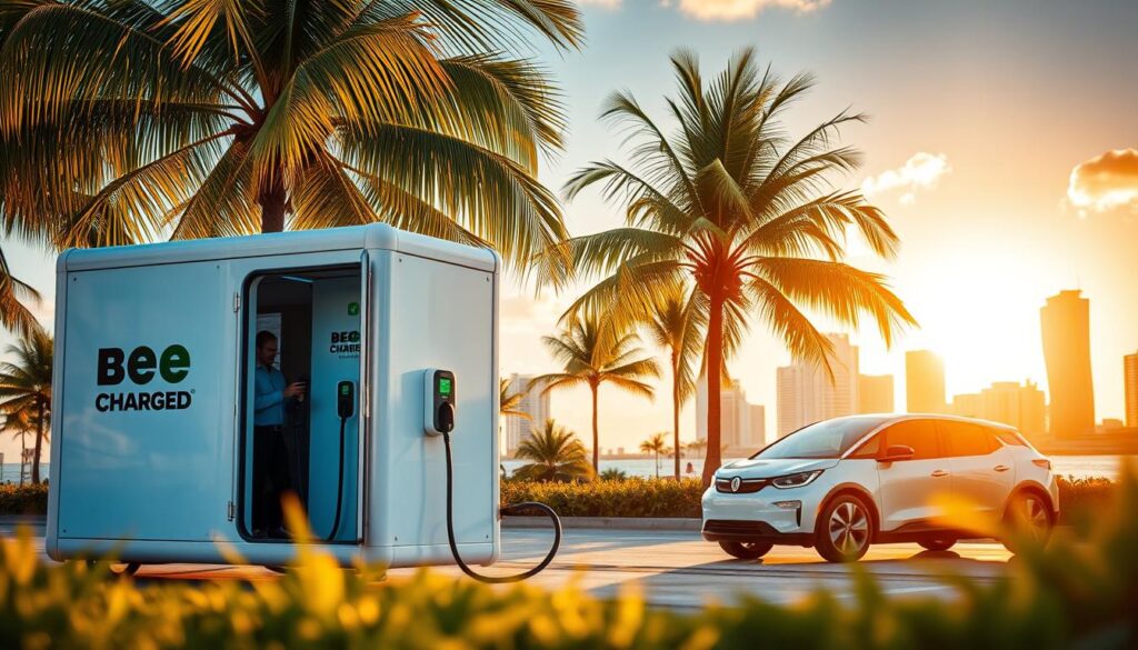 A visually striking scene of an EV charging station in the heart of vibrant Miami. The BEE CHARGED EV MOBILE CHARGING unit stands prominently, its sleek design and bold branding drawing the eye. The foreground is filled with the smooth lines and chrome accents of the charging equipment, surrounded by lush palm trees swaying in the warm breeze. In the middle ground, a modern electric vehicle is plugged in, its driver enjoying the convenience of this mobile charging solution. The background showcases the iconic Miami skyline, bathed in the golden glow of the setting sun, creating a sense of energy and dynamism. The overall atmosphere evokes a seamless blend of urban sophistication and environmental consciousness, perfectly capturing the essence of convenient mobile EV charging in this bustling city.