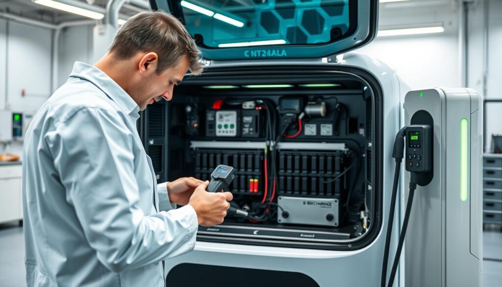 A well-lit, detailed image of a technician performing routine battery maintenance on a BEE CHARGED EV MOBILE CHARGING station. The technician is shown in the foreground, wearing a clean uniform and using specialized tools to inspect and test the battery modules. The middle ground features the open charging station, with its sleek, futuristic design and neatly organized components. The background depicts a clean, modern workshop environment, with ample natural lighting and a sense of order and professionalism. The overall atmosphere conveys a message of diligence, care, and proactive maintenance to ensure the reliable performance of electric vehicles.
