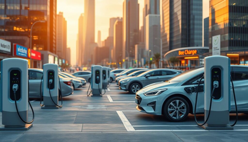 An advanced electric vehicle charging hub, featuring state-of-the-art Bee Charged EV mobile charging stations. The foreground showcases sleek, futuristic chargers in a minimalist, high-tech design. In the middle ground, electric vehicles of various models are plugged in, their batteries rapidly replenishing. The background depicts a bustling urban landscape, with towering skyscrapers and a vibrant, neon-lit atmosphere. The scene is bathed in a warm, golden glow, creating an inviting and futuristic ambiance. The overall composition conveys a sense of progress, efficiency, and the seamless integration of electric vehicle infrastructure into the modern cityscape.
