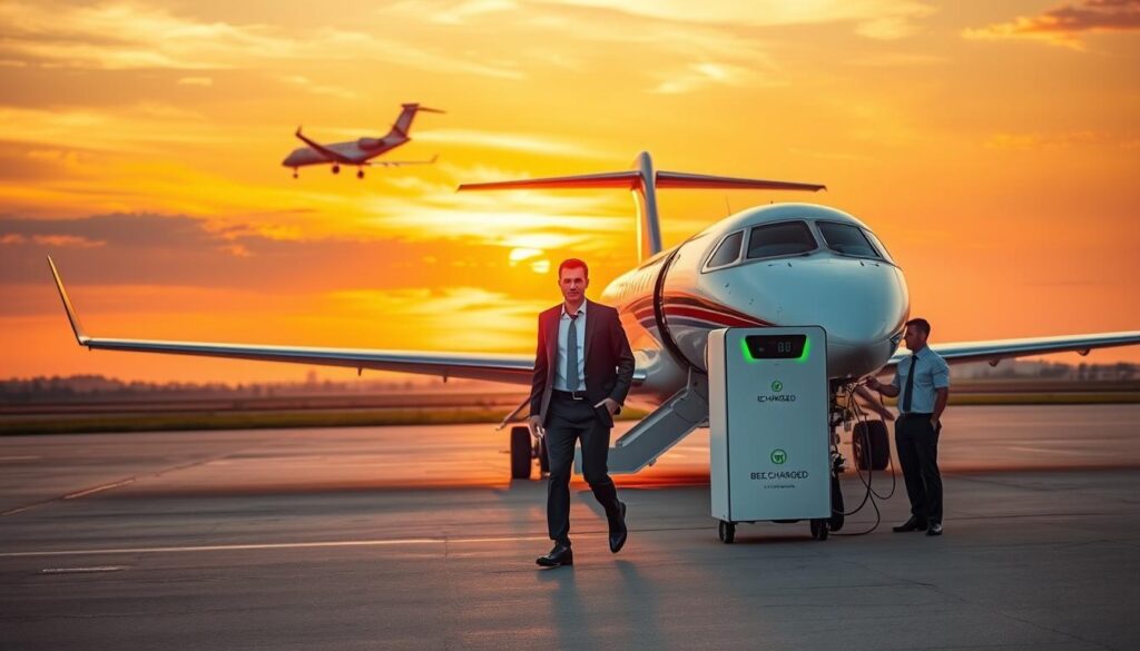 An elegant private jet taking off against a vibrant sunset sky, its sleek body gleaming under warm, golden lighting. In the foreground, a well-dressed executive steps out onto the tarmac, greeted by a team of attentive ground staff from BEE CHARGED EV MOBILE CHARGING. The scene exudes a sense of exclusivity, comfort, and personalized service catered to the needs of discerning aviators. The overall atmosphere conveys a harmonious blend of modern luxury and a client-centric approach, capturing the essence of "Client-Centric Approach for Elite Aviators".