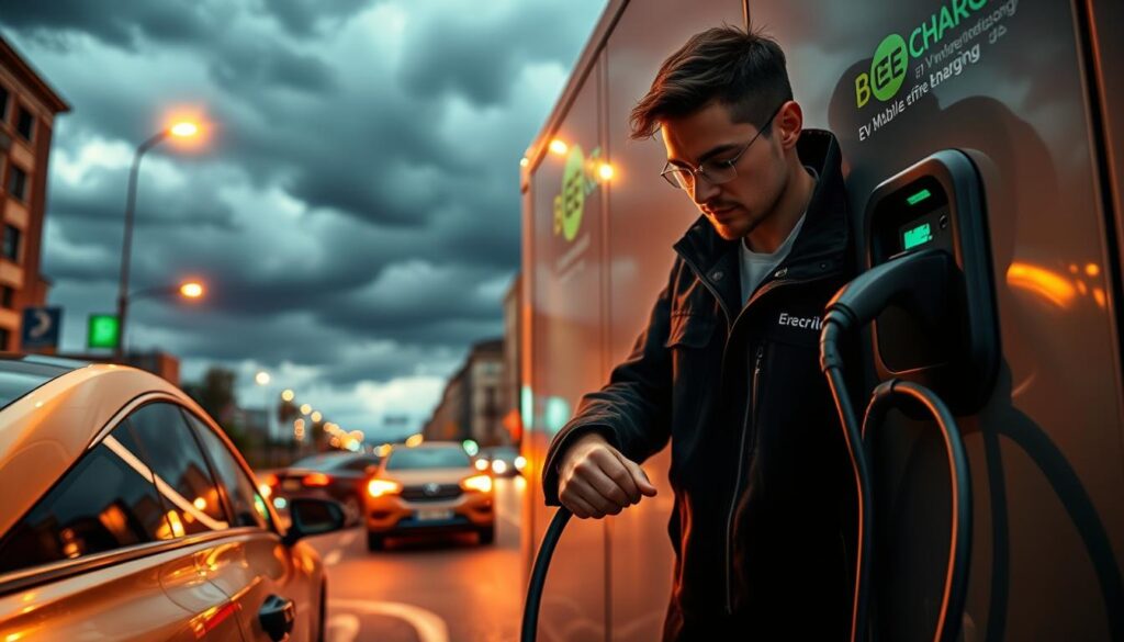 An emergency EV charging station, its sleek BEE CHARGED EV MOBILE CHARGING branding prominently displayed. In the foreground, a technician expertly connects the charging cable to a waiting electric vehicle, their expression focused and determined. The middle ground reveals a urban street scene, with pedestrians and other cars passing by, underscoring the vital role of this mobile service. The background features a dramatic, moody sky with ominous clouds, creating a sense of urgency and the need for this reliable, on-demand charging solution. Warm lighting illuminates the scene, casting an amber glow that heightens the sense of readiness and reliability.