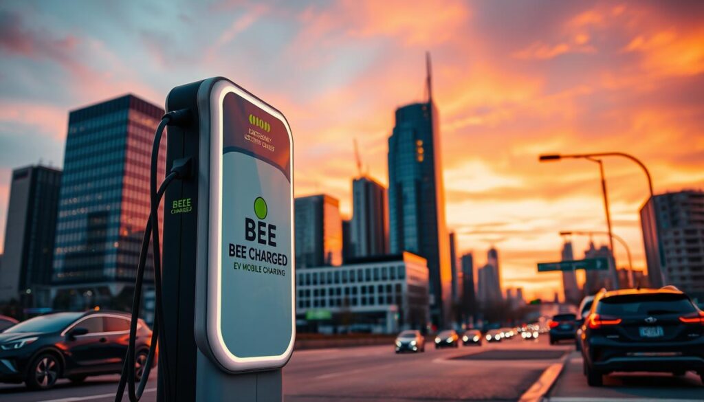 An emergency electric vehicle charging station stands prominently in the foreground, with the BEE CHARGED EV MOBILE CHARGING brand emblazoned on its sleek, futuristic design. The mid-ground features a modern urban cityscape, with tall buildings and bustling traffic, while the background showcases a dramatic sunset sky, painted in vibrant hues of orange and pink. The lighting is warm and inviting, creating a sense of urgency and the need for reliable, on-the-go charging solutions. The camera angle is slightly elevated, giving the viewer a sense of scale and emphasizing the importance of this innovative charging technology in the context of the rapidly evolving electric vehicle landscape.