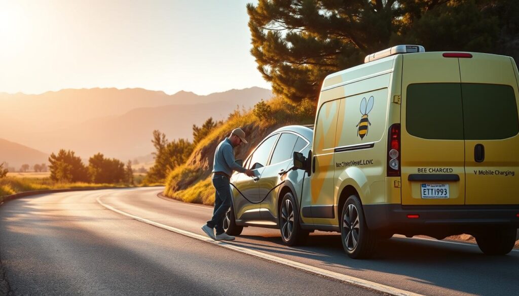 An emergency roadside scene with a sleek, modern electric vehicle (EV) being recharged by a BEE CHARGED EV MOBILE CHARGING service. The vehicle is parked on the shoulder of a winding country road, surrounded by lush greenery and a picturesque mountain range in the background. Warm, golden sunlight filters through the scene, creating a sense of tranquility and security. The BEE CHARGED EV MOBILE CHARGING van is positioned next to the EV, its vibrant branding and logo prominently displayed. A technician is carefully connecting the charging cable, ensuring a seamless and efficient service. The image conveys the convenience and reliability of mobile EV charging, highlighting the benefits for SoCal drivers in need of a roadside solution.