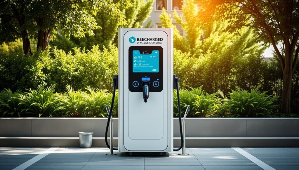 An evaluation station for mobile EV charging services, with the "BEE CHARGED EV MOBILE CHARGING" brand prominently displayed. The scene shows a sleek, modern charging pod in the foreground, surrounded by a well-lit outdoor setting with lush greenery in the background. The pod features a clean, minimalist design with intuitive controls and a large, high-resolution display showcasing charging status and service details. The overall atmosphere conveys a sense of efficiency, reliability, and a commitment to sustainability, perfectly suited to illustrate the "How to Choose the Right Mobile EV Charging Service" section of the article.