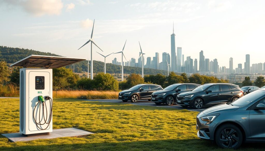An expansive outdoor scene showcasing the eco-friendly impact of BEE CHARGED EV MOBILE CHARGING solutions. In the foreground, a sleek, solar-powered mobile charging station powers up a fleet of electric vehicles, its clean design and vibrant green accents reflecting a commitment to sustainability. The middle ground features lush, verdant landscapes and towering wind turbines, capturing the essence of renewable energy. In the background, a majestic cityscape with modern high-rises stands as a testament to the integration of green technology. The lighting is soft, warm, and natural, evoking a sense of harmony between innovation and the environment. The overall atmosphere conveys a vision of a future where eco-friendly charging solutions power the electric vehicles of a thriving, sustainable metropolis.