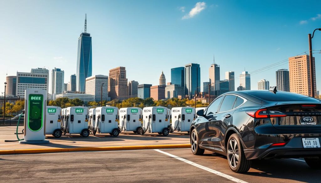An expansive scene of "BEE CHARGED EV MOBILE CHARGING" solutions in the heart of a bustling Mississippi town. In the foreground, a sleek, modern electric vehicle is connected to a state-of-the-art mobile charging station, its LED indicators illuminating the surroundings. The middle ground features a fleet of BEE CHARGED branded mobile charging units, strategically positioned to serve the growing number of electric vehicles in the area. In the background, a vibrant cityscape with towering skyscrapers and a clear, blue sky sets the stage for this pioneering mobile charging infrastructure, showcasing Mississippi's embrace of the electric vehicle revolution.