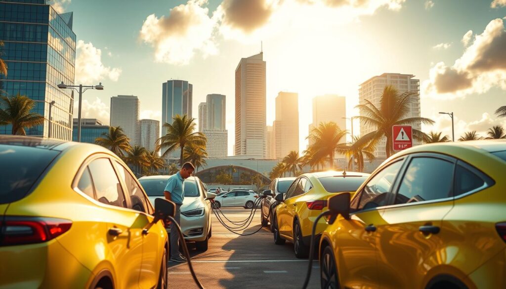 An eye-catching scene of the "BEE CHARGED EV MOBILE CHARGING" service in action, showcasing their fleet of sleek electric vehicles providing on-site charging for business cars in the bustling streets of Fort Lauderdale, Broward County. The foreground depicts the vibrant EV fleet, with technicians expertly connecting the charging cables to the waiting vehicles. In the middle ground, the modern cityscape of Fort Lauderdale serves as a dynamic backdrop, complete with towering skyscrapers and palm trees swaying in the breeze. Warm, golden lighting illuminates the scene, evoking a sense of efficiency and innovation. The overall composition conveys the reliable, on-demand nature of the mobile EV charging service, perfectly suited to meet the needs of the local business community.