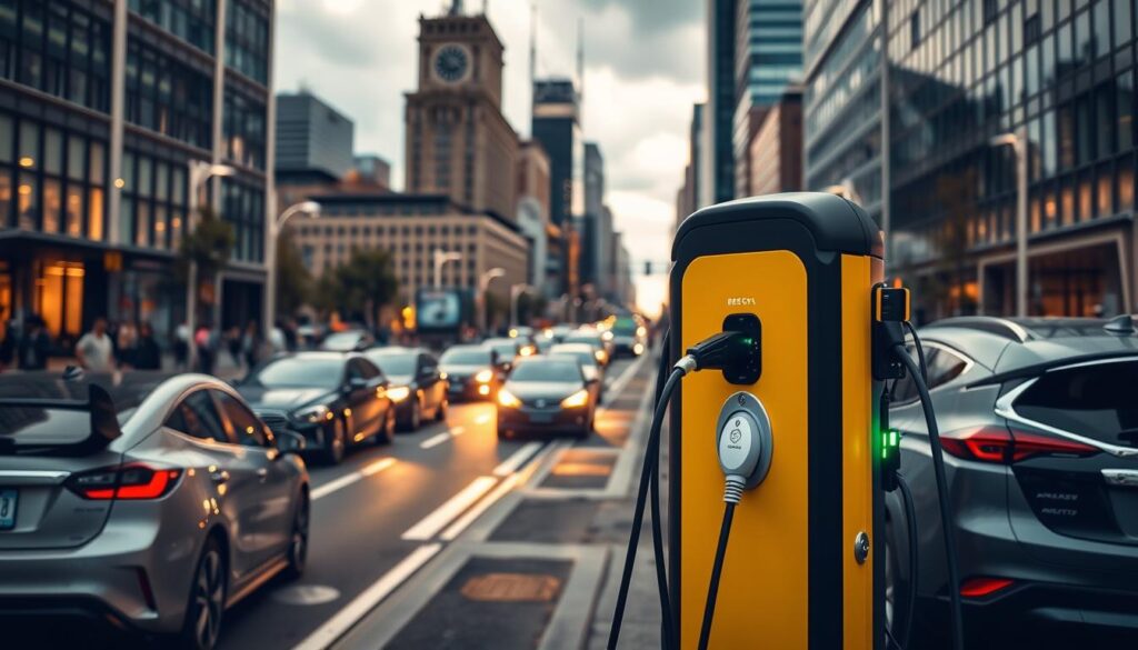 An image of an electric vehicle (EV) charging station in a bustling urban setting. In the foreground, a BEE CHARGED EV MOBILE CHARGING unit, its vibrant yellow and black exterior standing out against the city backdrop. The unit's retractable charging cables are extended, connecting to a variety of EVs parked nearby. In the middle ground, pedestrians and vehicles move through the city streets, creating a dynamic, energetic atmosphere. The background features a mix of modern high-rise buildings, street lamps, and a cloudy, moody sky, lending a sense of urban grit and purpose. Warm, directional lighting illuminates the scene, highlighting the BEE CHARGED unit and the act of charging, conveying a sense of urgency and importance.
