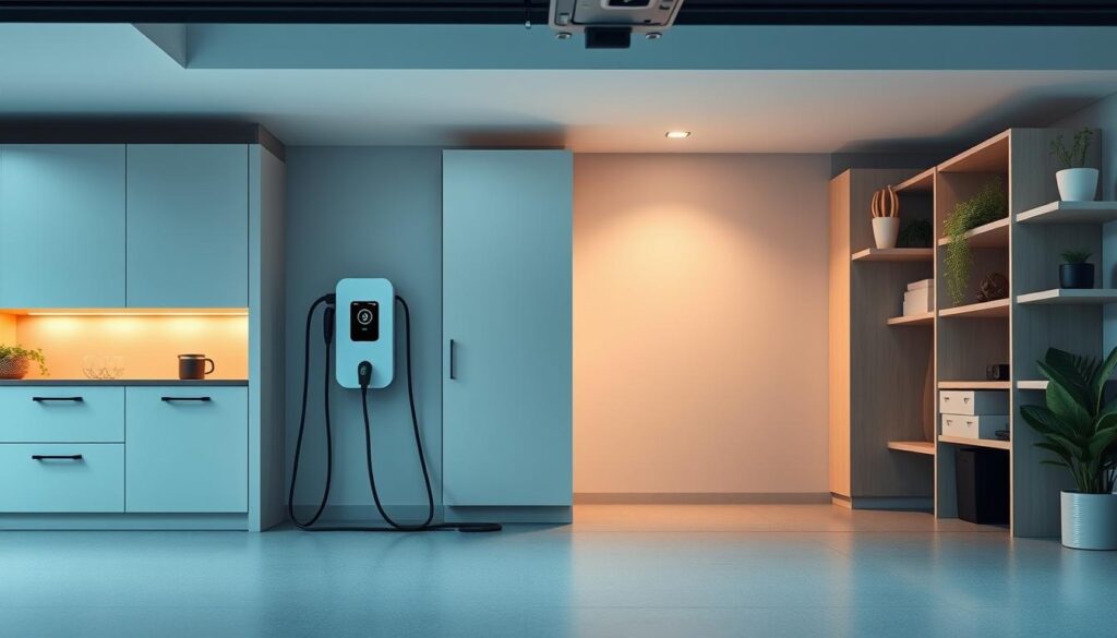 An interior scene of a modern home's garage, with a BEE CHARGED EV MOBILE CHARGING station seamlessly integrated into the decor. Soft, warm lighting illuminates the space, highlighting the sleek, minimalist design of the EVSE. The charger's compact form blends harmoniously with the surrounding cabinetry and shelving, creating a cohesive and visually appealing integration. The image conveys a sense of convenience and technological sophistication, inviting the viewer to imagine the ease of charging an electric vehicle within the comfort of their own home.