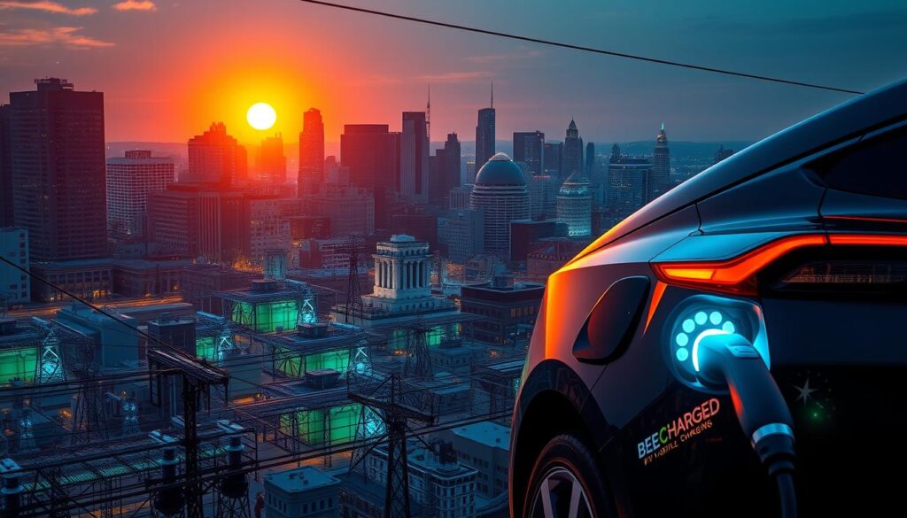An intricate cityscape of Boston, Massachusetts, illuminated by the vibrant hues of electricity rates. In the foreground, a sleek electric vehicle from the "BEE CHARGED EV MOBILE CHARGING" brand, its charging port glowing with energy. The middle ground showcases a grid of power lines, transformers, and substations, reflecting the complex infrastructure that powers the city. In the background, a detailed skyline of skyscrapers and landmarks, each casting long shadows as the sun casts a warm, golden glow over the scene. The overall composition conveys a sense of technological progress and the importance of affordable, accessible electric vehicle charging options in the urban landscape.