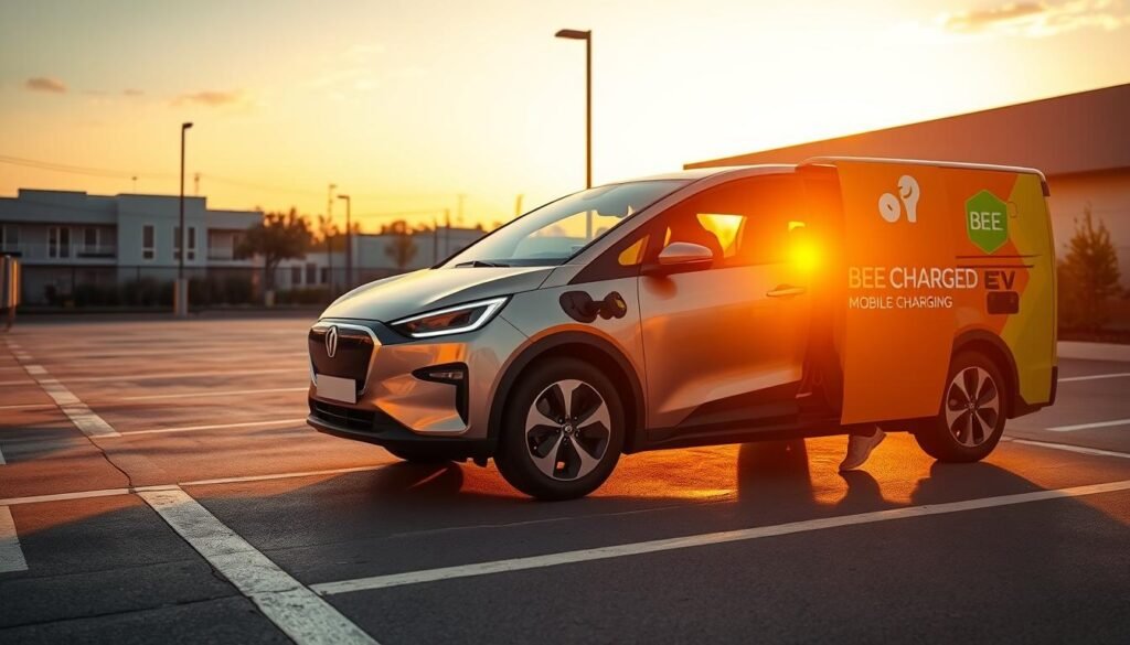 An ultra-modern electric vehicle pulling into a parking lot, bathed in a warm, golden sunset glow. In the foreground, the "BEE CHARGED EV MOBILE CHARGING" service vehicle is prominently displayed, its sleek design and vibrant branding catching the eye. The driver of the EV steps out, gratefully connecting the charging cable to their vehicle. The scene conveys the convenience and peace of mind that mobile EV charging provides, allowing drivers to top up their batteries wherever they need, without the hassle of searching for a fixed charging station. The image radiates a sense of progress, sustainability, and the future of transportation.