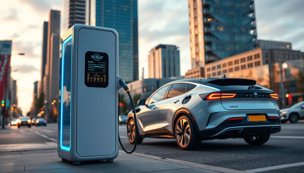 An ultra-modern mobile DC fast charging station, the "BEE CHARGED EV MOBILE CHARGING" unit, stands prominently in the foreground. Its sleek, futuristic design features vibrant, neon-like LED lighting that illuminates the charging port and various control panels. In the middle ground, a cutting-edge electric vehicle is seamlessly connected, its charging port glowing with energy. The background showcases a dynamic urban landscape, complete with towering skyscrapers and the bustling streets of Tampa, FL, creating a striking contrast between the advanced technology and the city's vibrant energy. The scene radiates a sense of efficiency, reliability, and innovation, perfectly capturing the essence of "Emergency and Roadside Mobile EV Charging Solutions."
