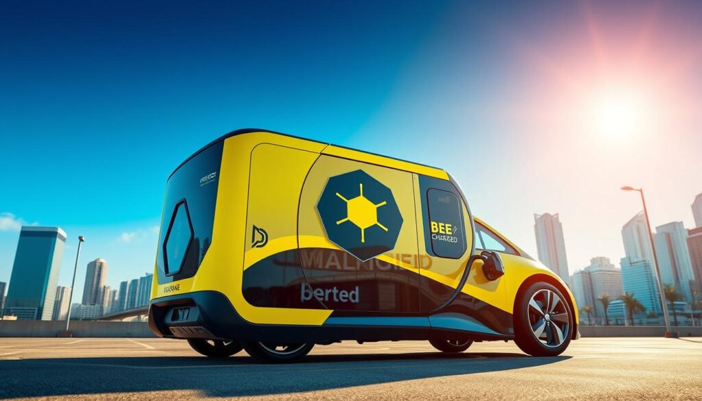 An ultra-modern mobile electric vehicle (EV) charging station, the "BEE CHARGED EV MOBILE CHARGING" service stands out with its sleek, futuristic design. Vibrant yellow and black accents create a bold, eye-catching aesthetic, while the central honeycomb motif symbolizes efficiency and industry. The station is positioned in a dynamic, urban setting, with skyscrapers and city landmarks visible in the background, conveying a sense of progress and innovation. Overhead, the sun casts a warm, golden glow, illuminating the station and creating an inviting, welcoming atmosphere. The prompt emphasizes the service's leading role in San Diego's EV charging revolution, highlighting its technical capabilities and visually striking design.