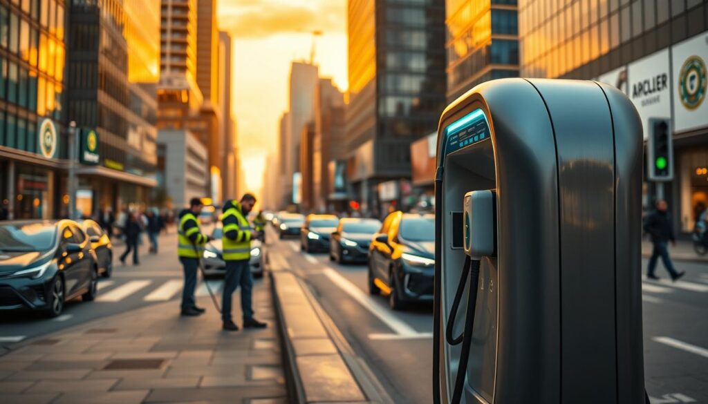 An ultra-realistic, highly detailed image of the BEE CHARGED EV MOBILE CHARGING technology and equipment. In the foreground, a sleek, modern electric vehicle charging station with a sculpted metal frame and glowing LED indicators. In the middle ground, a team of technicians in high-visibility uniforms performing maintenance on the charging unit, their faces in focus. In the background, a bustling urban landscape with skyscrapers, electric vehicles, and pedestrians, all bathed in warm, golden lighting that creates a sense of energy and dynamism. The overall scene conveys the cutting-edge nature of mobile EV charging, as well as the professionalism and dedication of the BEE CHARGED team.
