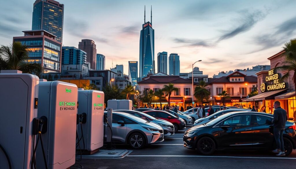 An ultramodern commercial EV charging hub, bathed in warm lighting and bustling with activity. In the foreground, the sleek, minimalist design of the "BEE CHARGED EV MOBILE CHARGING" stations, each equipped with high-power connectors. Nearby, electric vehicles of various makes and models are parked, their owners engaged in animated conversation as they wait for their batteries to top up. The middle ground features a mix of urban architecture, from gleaming skyscrapers to quaint cafes, creating a vibrant backdrop. The sky above is painted in soft hues, hinting at the promise of a sustainable future. The overall atmosphere radiates a sense of progress and innovation, capturing the essence of the cutting edge of mobile EV charging technology.