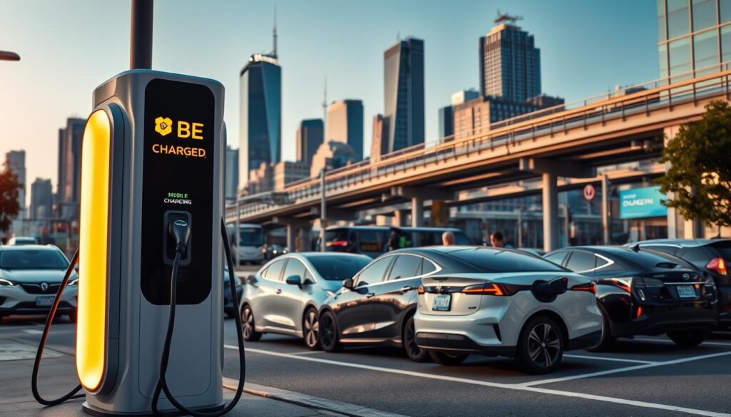 An urban street scene with a prominent "BEE CHARGED EV MOBILE CHARGING" station in the foreground. The station is equipped with sleek, futuristic charging ports, bathed in a warm, inviting glow. In the middle ground, several electric vehicles of various makes and models are parked, their owners plugged in and chatting. The background features a bustling city skyline, with skyscrapers and infrastructure that suggests a thriving, modern metropolis supportive of sustainable transportation. The overall atmosphere conveys a sense of convenience, accessibility, and a growing EV ecosystem that caters to the needs of urban drivers.