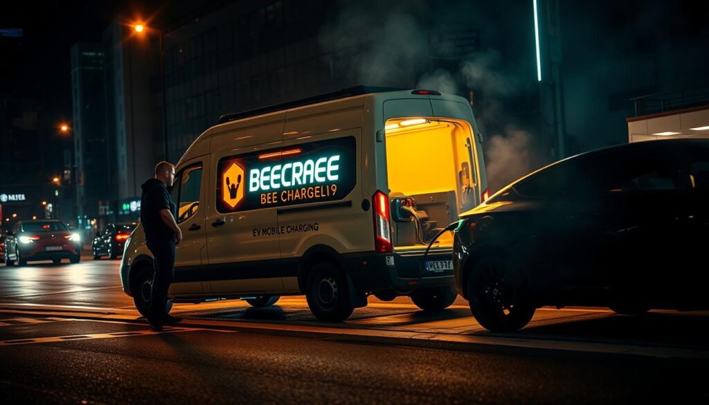 Bustling city street at night, neon-lit "BEE CHARGED EV MOBILE CHARGING" van parked on the curb. Its warm interior glow illuminates the surrounding darkness. In the foreground, an electric vehicle owner anxiously waits as the mobile charging unit extends its cable, connecting to their car's charging port. Crisp, cinematic lighting accentuates the scene, creating a sense of urgency and relief. The van's sleek, futuristic design contrasts with the gritty urban backdrop, showcasing Bee Charged's innovative emergency EV charging solution. An atmospheric haze adds depth and drama, transporting the viewer to this critical moment of need fulfilled.