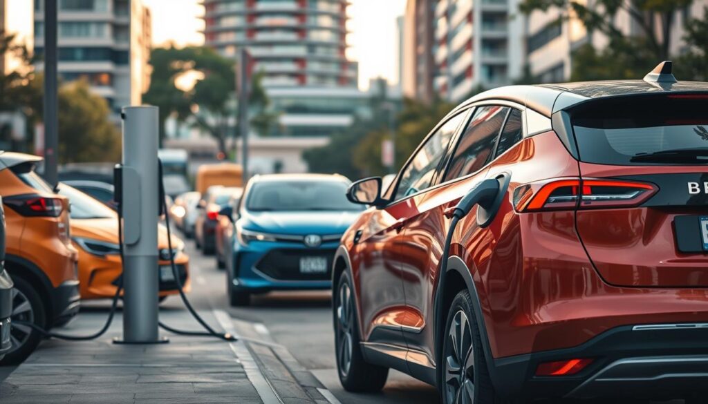 Bustling urban landscape, BEE CHARGED EV MOBILE CHARGING vehicles parked curbside, their sleek, vibrant designs standing out. In the foreground, an electric vehicle being connected to a high-powered charging port, the driver eagerly awaiting a full battery. Soft, warm lighting illuminates the scene, creating a sense of efficiency and progress. The background features a blend of modern architecture and lush greenery, hinting at a city embracing sustainable mobility. Angles and perspectives capture the dynamic, forward-thinking nature of this pioneering service, inviting the viewer to imagine the future of urban EV charging.