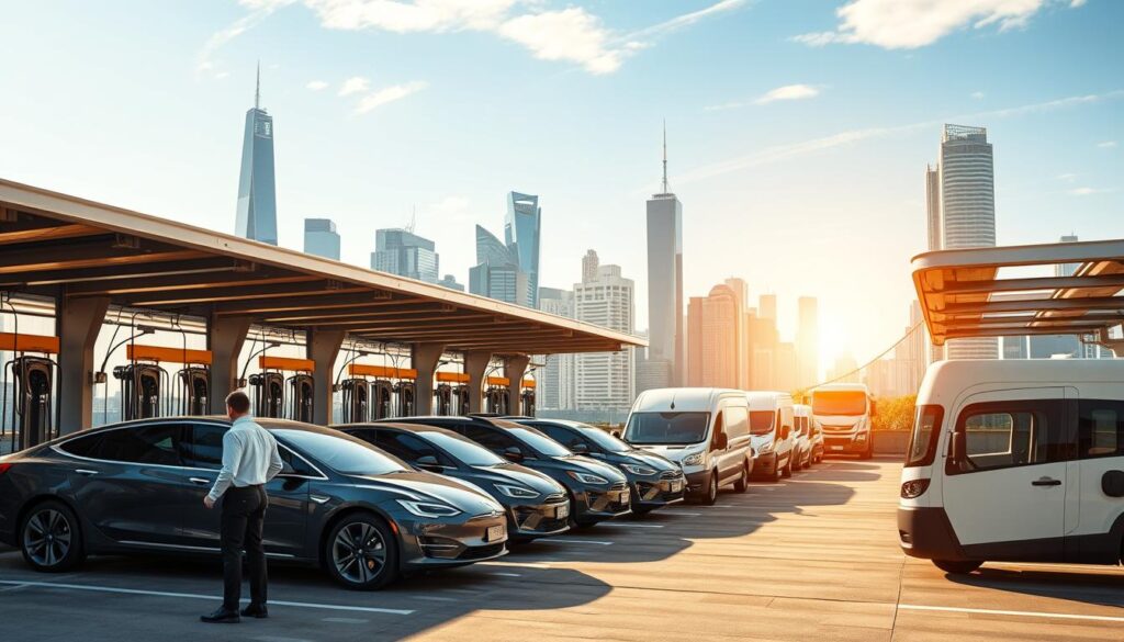 Bustling urban scene, a fleet of sleek electric vehicles parked in a well-lit, modern charging depot. The "BEE CHARGED EV MOBILE CHARGING" logo prominently displayed, signifying the on-demand service. In the foreground, technicians in crisp uniforms diligently attend to the charging stations, ensuring efficient, reliable power for the vehicles. Overhead, a series of high-tech gantry cranes facilitate the seamless movement and docking of the EVs. The middle ground features a mix of sedans, vans, and delivery trucks, all plugged in and recharging. In the background, a bustling cityscape with skyscrapers and a clear, azure sky, conveying a sense of progress and sustainability. The entire scene is bathed in a warm, golden glow, creating a sense of optimism and innovation.