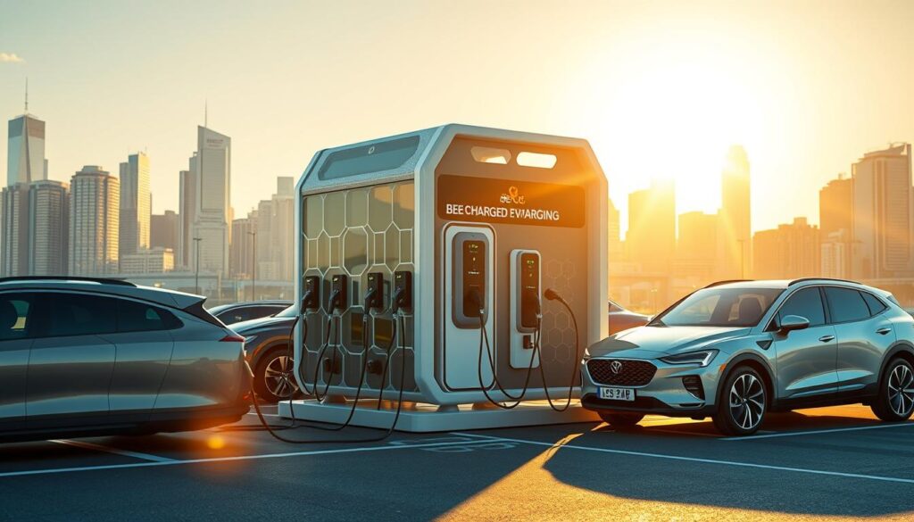 Detailed and vibrant rendering of a mobile EV fleet charging station operated by the "BEE CHARGED EV MOBILE CHARGING" brand. The scene depicts a sleek, futuristic charging hub with multiple charging ports and a striking honeycomb-inspired design. The hub is set against a backdrop of a modern city skyline, bathed in warm, golden sunlight that casts long shadows. The charging station is surrounded by several electric fleet vehicles, including sedans and SUVs, all plugged in and charging. The overall composition conveys a sense of efficiency, innovation, and the seamless integration of electric mobility into the urban landscape.