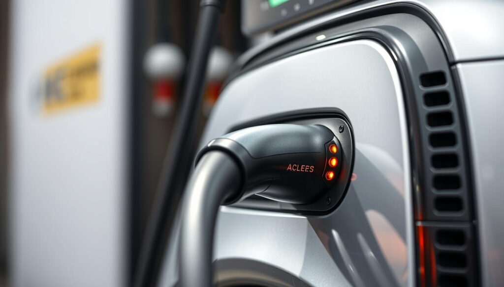 Detailed close-up of a high-power DC fast charging station for electric vehicles, showcasing the sleek, futuristic design of the BEE CHARGED EV MOBILE CHARGING system. The charger's metallic chassis gleams under bright, directional lighting, highlighting the intricate cooling vents and LED indicators. The smooth, curved form evokes a sense of efficiency and technological sophistication. In the foreground, the charging cable snakes out, ready to connect to the waiting EV, while the background blurs to emphasize the focus on the device itself. The overall scene conveys a sense of cutting-edge electric mobility, drawing the viewer's attention to this crucial component of the evolving EV infrastructure.