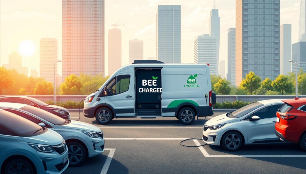 Detailed digital illustration depicting the advantages of mobile EV charging, showcased in a clean, modern style. Foreground features a sleek "BEE CHARGED EV MOBILE CHARGING" van in the center, its side panel open to reveal the charging station within. Middle ground shows charging cables extending to various electric vehicles parked nearby, highlighting the convenience. Background depicts a vibrant urban cityscape with skyscrapers and green spaces, bathed in warm, natural lighting. The overall composition conveys the efficiency, accessibility, and environmental benefits of mobile charging solutions compared to traditional fixed stations.