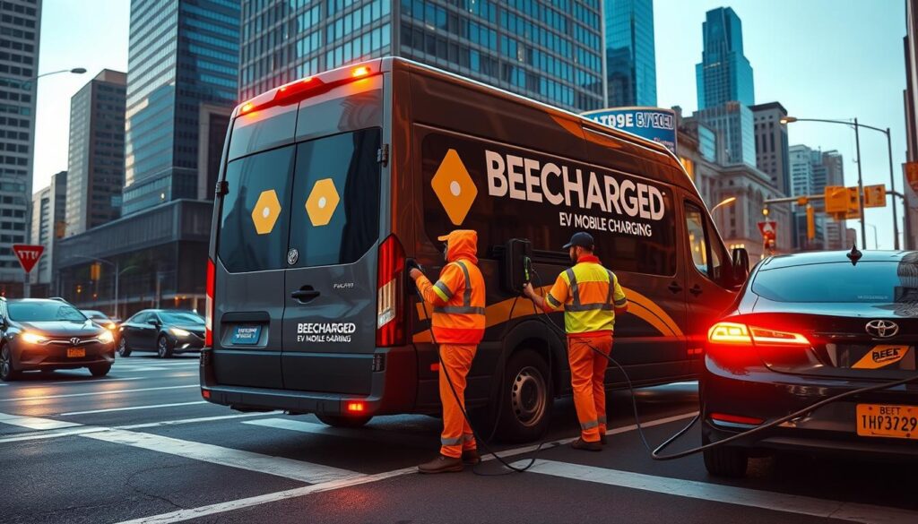 Detailed emergency EV mobile charging service on a busy city street. Showcasing the "BEE CHARGED EV MOBILE CHARGING" brand, a large electric van with charging cables extended, parked next to an electric vehicle. Bright, warm lighting illuminates the scene, creating a sense of urgency and action. In the background, skyscrapers and traffic convey an urban setting. The van's branding is prominently displayed, drawing the viewer's attention. Technicians in high-visibility uniforms are visibly working to connect the charging cables. Overall, the image conveys a sense of reliable, on-demand EV charging services available in emergency situations.